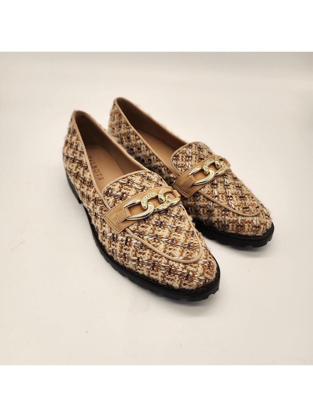 Talbots Leighton Boucle Metallic Chain Loafers Tan Gold Tweed Shoes 9.5